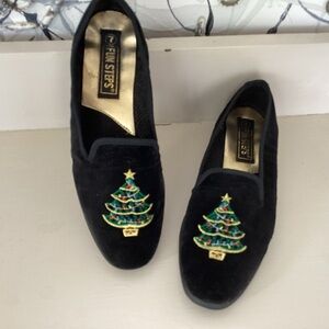 Black Velvet Christmas Tree Vintage SlipOn Slippers? Flats Size 7